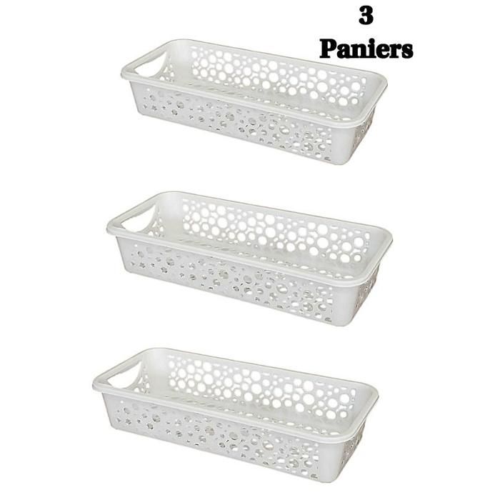 Panier de rangement. 3 paniers en plastique blanc perforé.30×13.5×6 Cm.