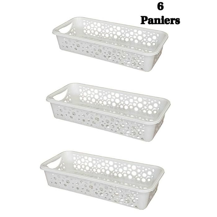 Panier de rangement - 6 paniers en plastique blanc - 30x13.5x6 cm - Aération perforée - Multi-usages