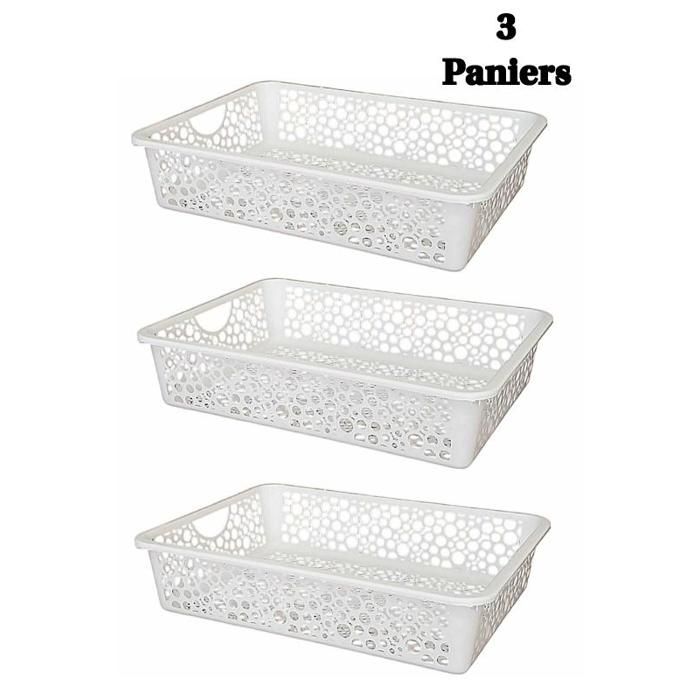 Panier de rangement - Pack de 3 - Plastique blanc - 35.5×25.5×8 cm - Aération perforée