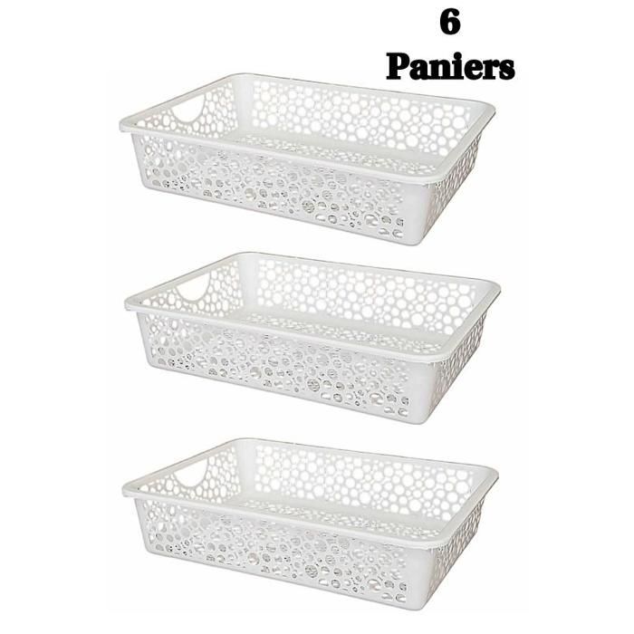 Panier de rangement - 6 paniers en plastique blanc - 35.5×25.5×8 cm - Aération optimale - Multi-usages