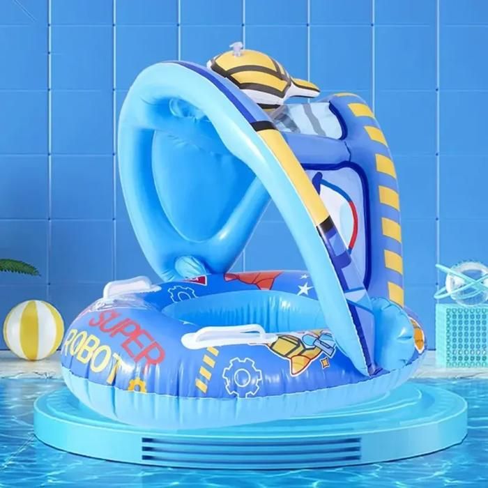 Bouée Bébé Gonflable avec Pare-Soleil Anti-Renversement– Design Cartoon Amusant et Sécurisé Bleu