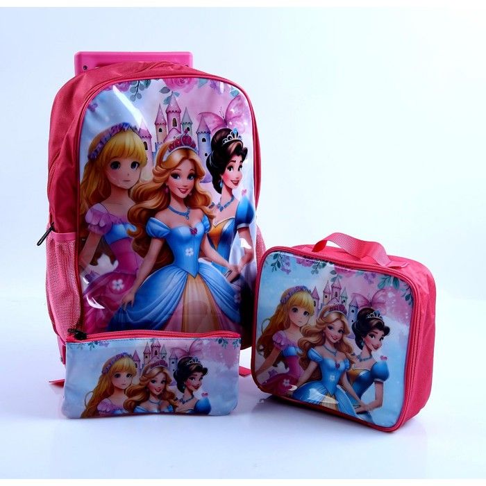Set fille trolley 3 princesses 40 cm avec sac goûter et trousse