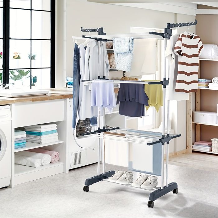 Cintre Moderne à 4 Niveaux, Support Libre, étendoir mobile à 4 roulettes, pour linge de lit, vêtements
