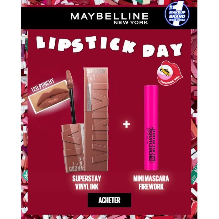 Pack Maybelline – Superstay Vinyl Ink 120 Punchy (Nude Intense) + Mascara Lash Sensational Firework Mini