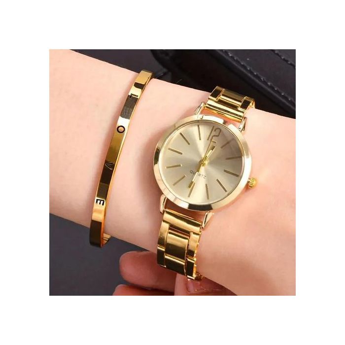 Ensemble de Montre et Bracelet élégant pour femmes et filles, Bracelet en acier doré, à la mode