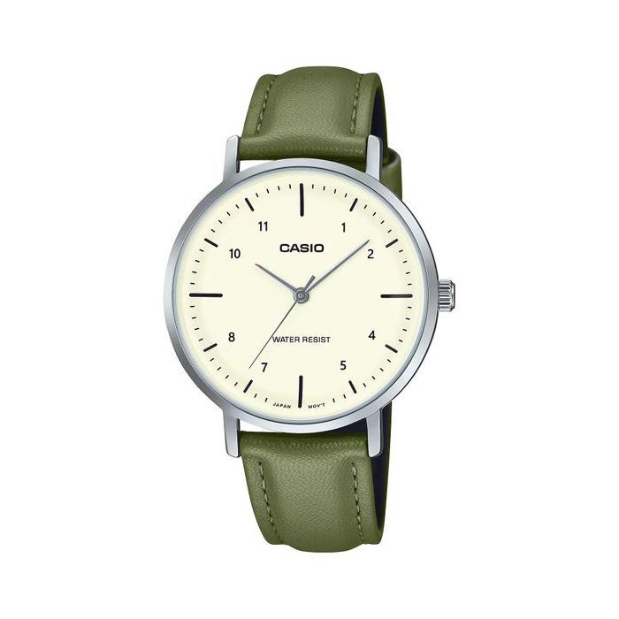 Casio – Montre au design simple,Classique au bracelet cuir vert pour femmes – Étanche 100m – Diamètre 34mm – LTP-VT03L-3B