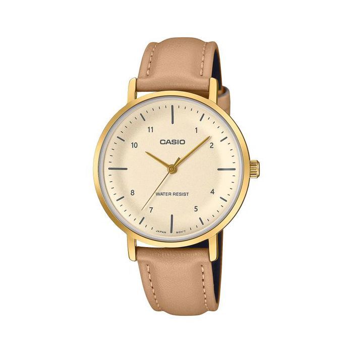 Casio – Montre en bracelet cuir beige et fond beige – Étanche – LTP-VT03GL-4B