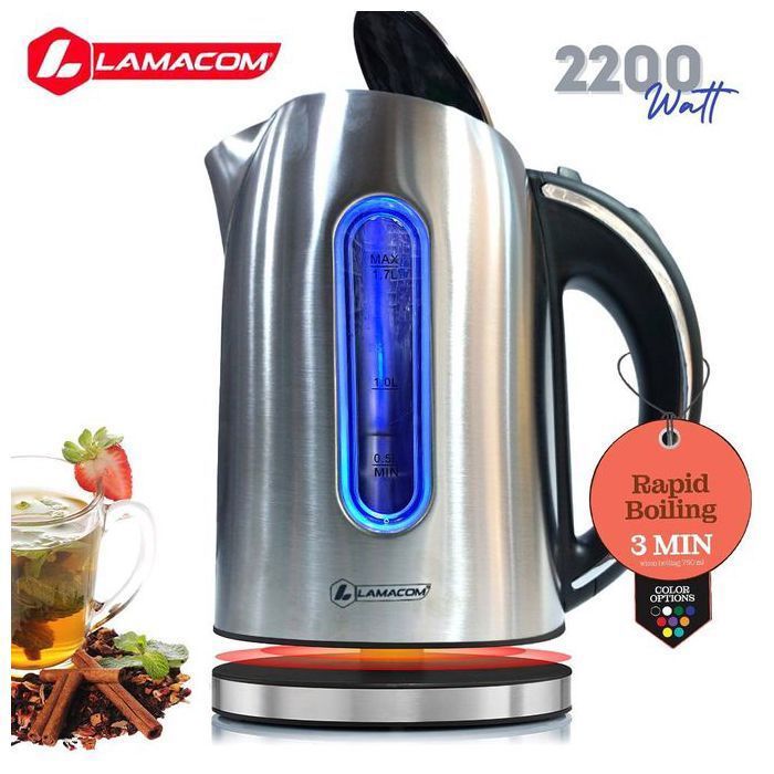 Lamacom Bouilloire Électrique Inox 1.7L – 2200W, Sécurité, Chauffe Rapide, Filtre Anti-Calcaire - Bouilloire Puissante