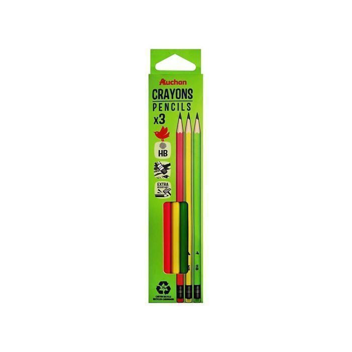 3 crayons graphite HB néon avec gomme Auchan