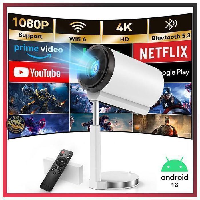 Vidéoprojecteur Portable HD 4K Android 13 TV avec WiFi 6 et Bluetooth 5.0, Support Rotatif à 270°