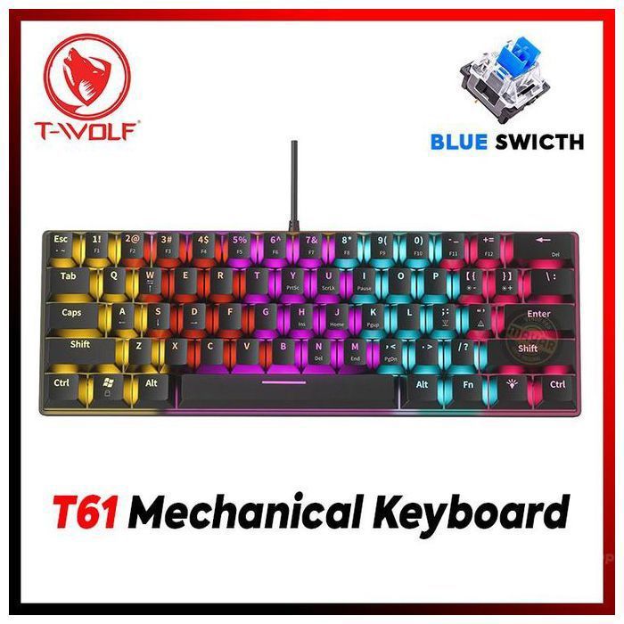 Twolf Clavier Gaming Mécanique T61 Format 60 % – 63 Touches – lumineuse Rétroéclairage RGB – Blue Switch anti-ghosting