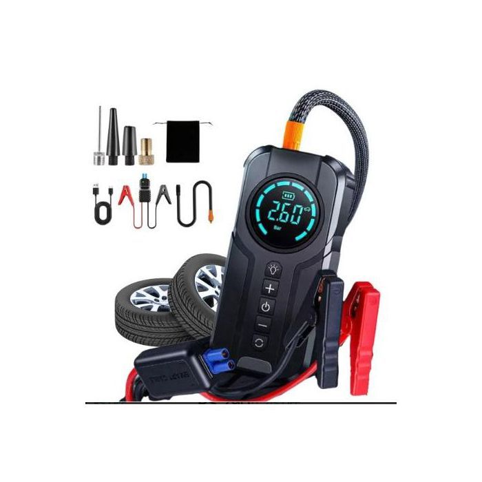 Démarreur de batterie de voiture + Gonfleur Pneu, Power Bank 8400mAh, LED, Port USB, Type C