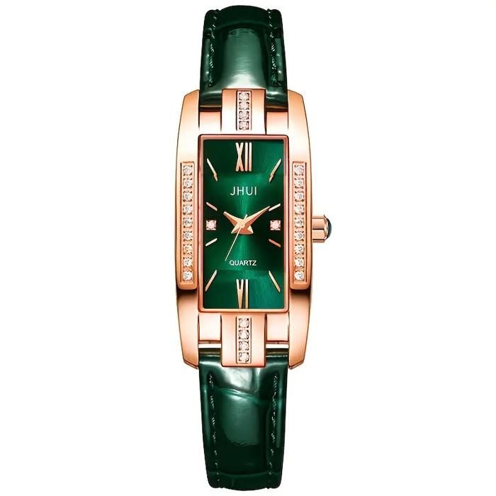 Montre Femme - Rectangulaire - Quartz - Design Chic - Bracelet Simili Cuir Noir