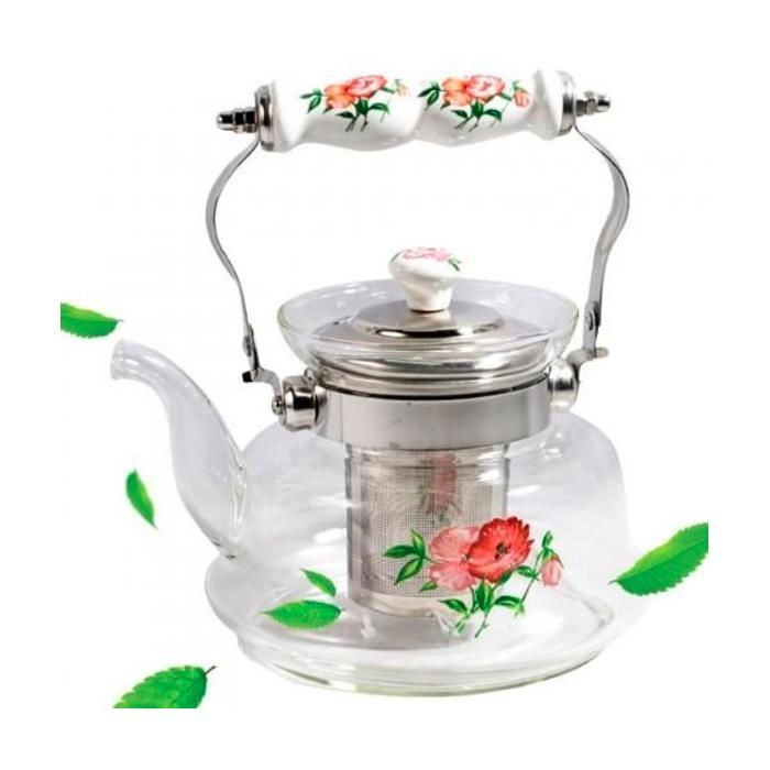 Théière & Bouilloire - Non spécifié - 1L - Verre - Poignée en porcelaine - Infuseur en inox