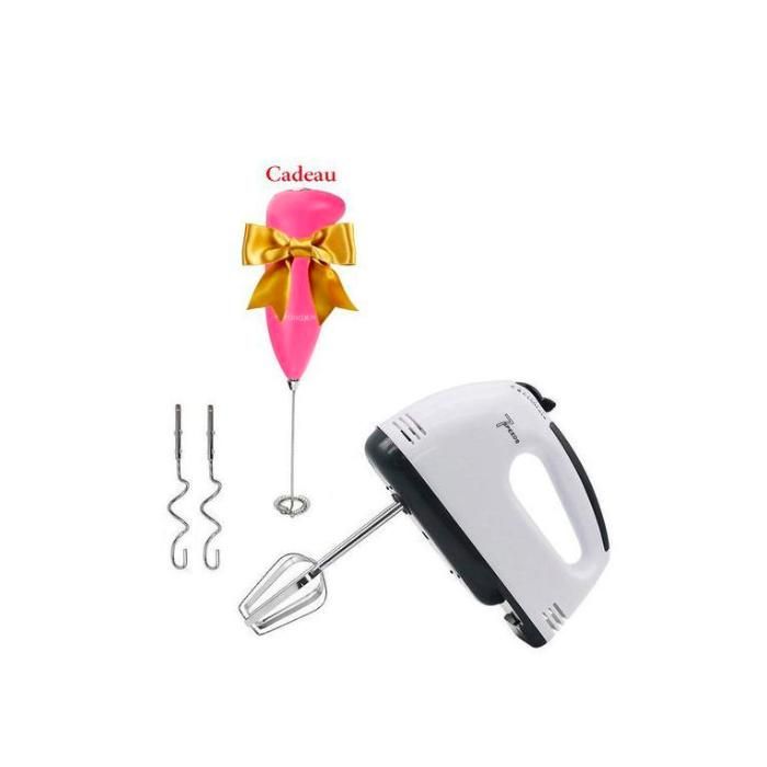 Batteur Électrique 7 Vitesses – 2 Fouets & 2 Crochets + Batteur à Main Offert – Puissant et Polyvalent (COULEUR ALÉATOIRE)