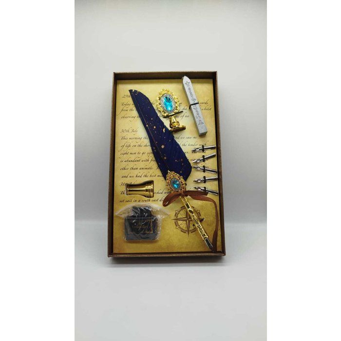Coffret de calligraphie impériale avec plume décorée, cachet de cire et accessoires vintage raffinés