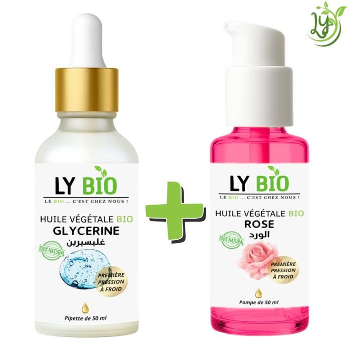 Pack de soins - LYBIO - HUILE GLYCERINE 50ml - PIPETTE - HUILE ROSE 50ml - POMPE
