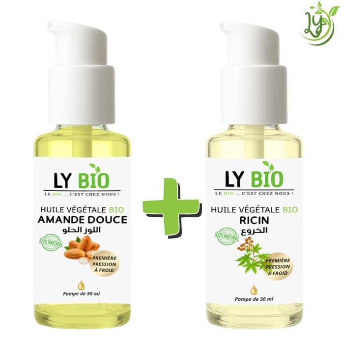 Pack d'huiles - LYBIO - Huile d'amande douce 50ml - Huile de ricin 50ml - Nourrissant - Bio