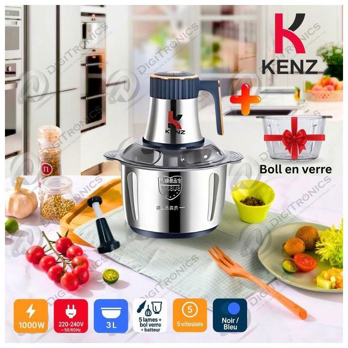 KENZ - Hachoir électrique 3L 1000W + bol en verre, 5 vitesses, JN-6347.