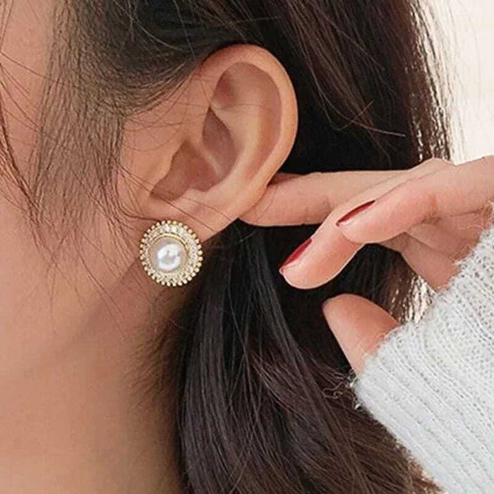 Boucles d'oreilles - GENERIC - Rondes dorées - Imitation perles - Cristal - Design coréen