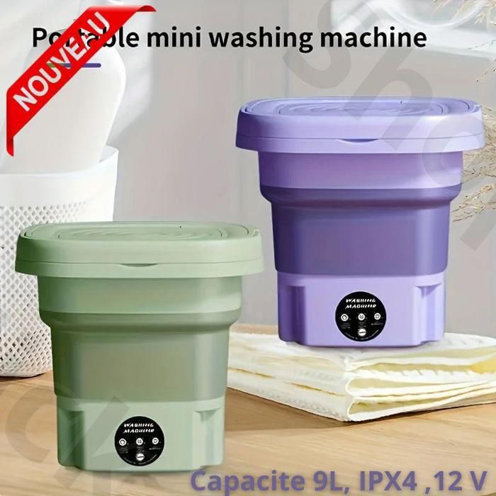 Lave-linge Compact et Pliable Idéal pour les Petits Espaces, Machine à Laver 9L 12V Waterproof IPX4 Couleur Aleatoire