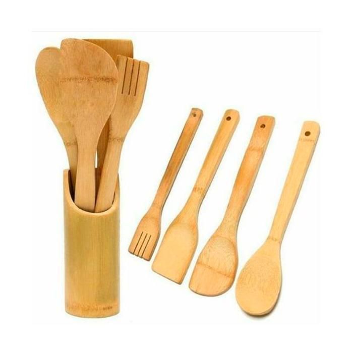 Set 4 Cuillères/Spatules en Bois bambou + Support // Set de cuisine