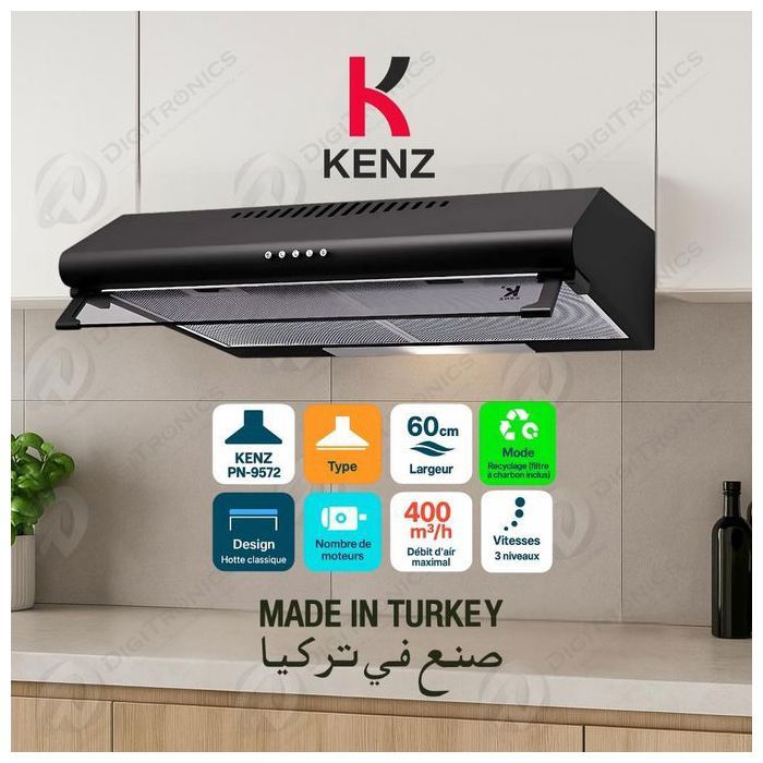 Hotte aspirante - KENZ - PN-9572 - 60 cm - 1 moteur - 3 vitesses - Recyclage