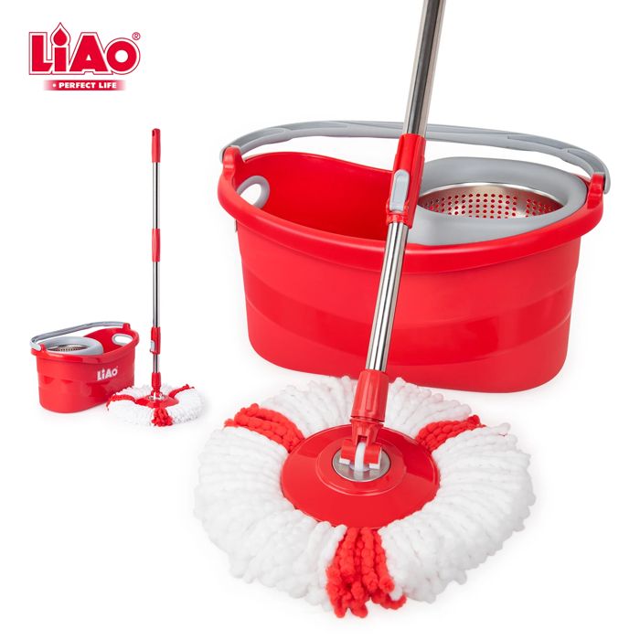 LIAO Balai Serpillère Seau d'Essorage + Vadrouille Balai Flexible 360° , 2mop