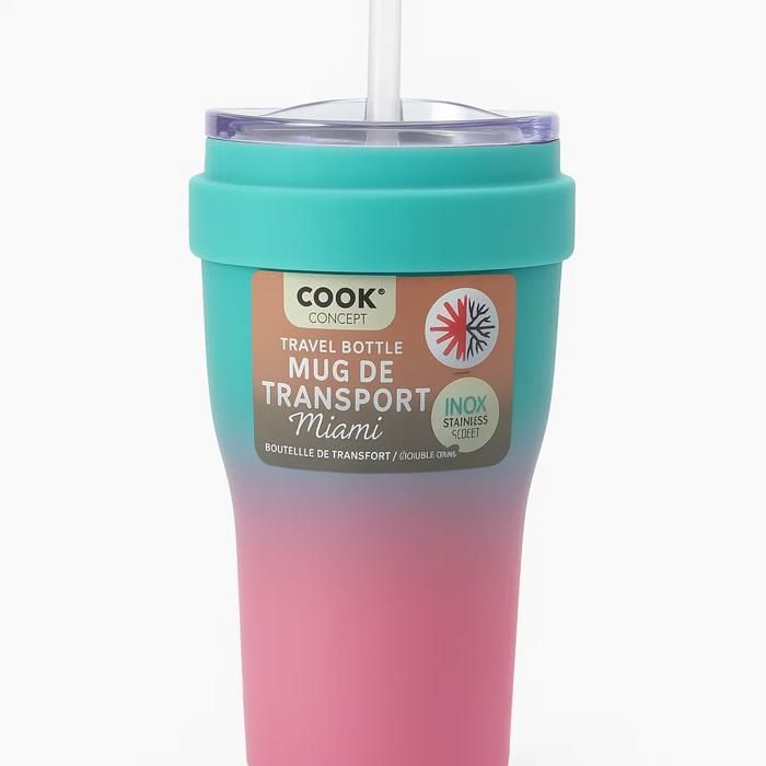 Mug de Transport - Miami - Inox double Paroi - isotherme - TIE AND DYE - Rose & Vert - 600ml