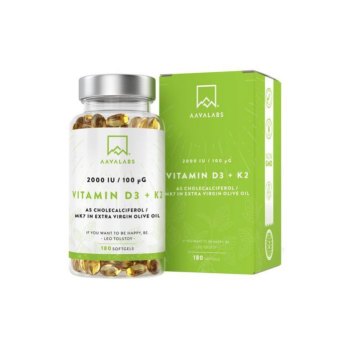 Aavalabs Vitamine D3 + K2 - 2000 UI / 100 ug  - 180 capsules - Made in Finland