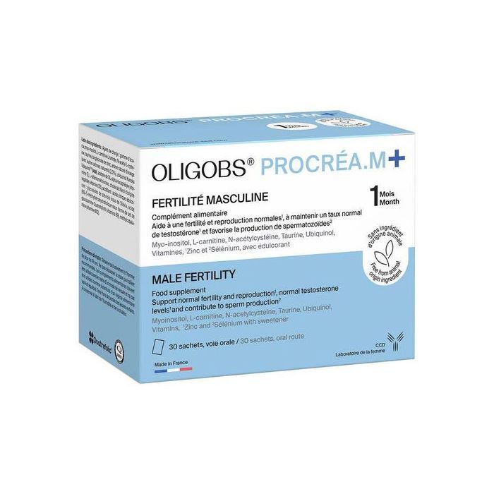 OLIGOBS Procrea M+ à base de Myo-inositol, L-carnitine, Taurine, Ubiquinol, Vitamines, Zinc, Sélénium, 30 Sachets - Made in France