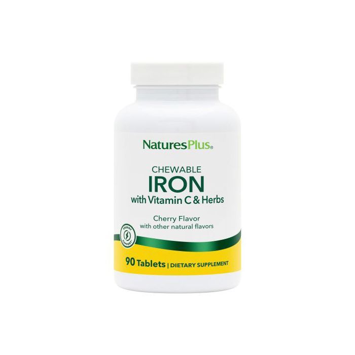 NaturesPlus Fer haute efficacité à croquer avec vitamine C et plantes, Cerise, 90 comprimés