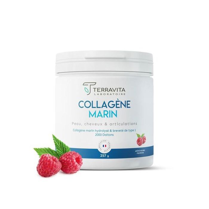 TERRAVITA Collagène Marin hydrolysé de Type 1 - goût framboise, Breveté Peptan, 250g - Made in France
