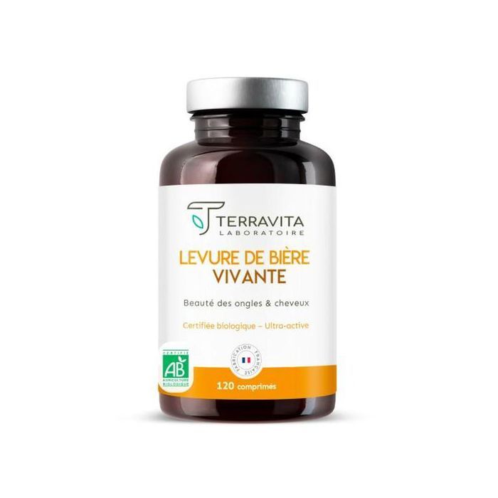 TERRAVITA Levure de bière vivante Bio - beauté des ongles & cheveux, 120 comprimés - Made in France