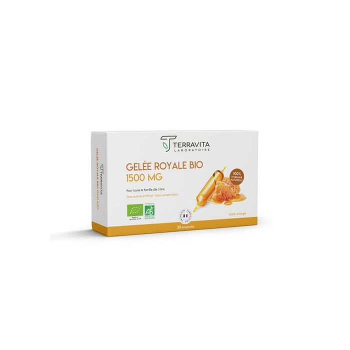 TERRAVITA Gelée royale 1500mg bio - Sans Arôme artificiels - 20 ampoules - MADE IN FRANCE