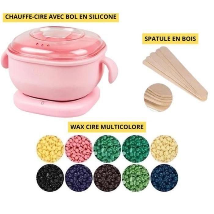 Chauffe-cire en silicone multicolors + spatule en bois + wax cire multicolore