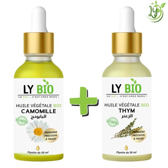 LYBIO PACK HUILE CAMOMILLE 50ML - PIPETTE + HUILE THYM 50ML - PIPETTE