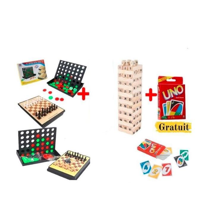 Pack Jeux de Société 4 en 1 - Jenga, UNO, Échecs et Backgammon