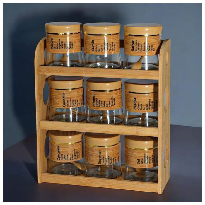 Étagère à épices en verre avec support en bois – 9 Bocaux