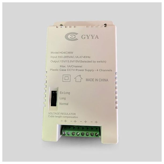 Alimentation pour caméras de vidéosurveillance - GYYA - HD4C36W - 4 canaux - 12V/13,5V/15V - 150-285 VCA