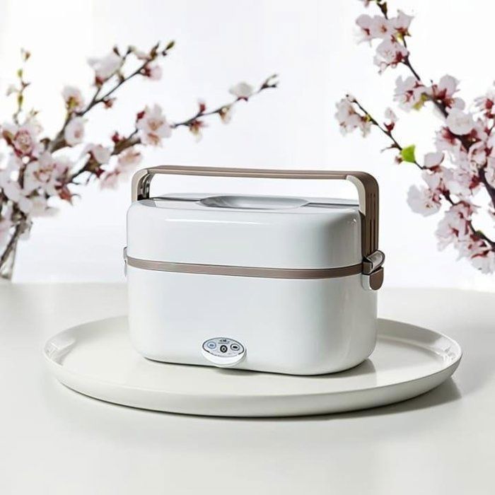 Lunch Box Chauffante Électrique Portable – 2 Récipients Inox 1L -Enfants adultes et Voyage -23/12/H14cm-blanc et marron