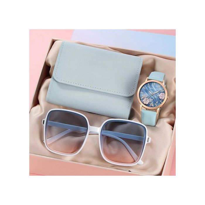 Ensemble 3pcs Mode Femme  Montre en Cuir  et Portefeuille Simple et Lunettes