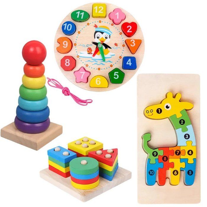 Jouets éducatifs - MONTESSORI - Pack 4 - Bois naturel - Peinture non toxique - Multicolore