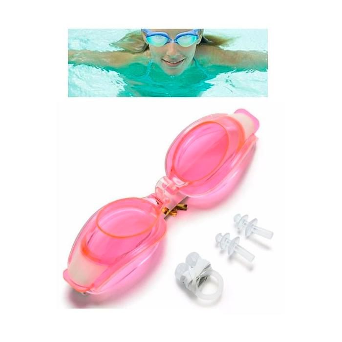 Lunettes de natation + bouchon d'oreille + clip de nez kit plongée (rose)