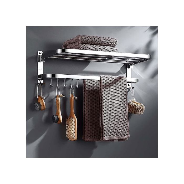 Porte-Serviettes Mural Pliable & Support de Serviette Étagère Inox & Crochets