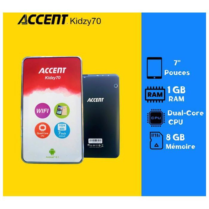 Accent tablette android enfants Kidzy70 7" pouce seulement wifi stockage 8GB ram 1GB+pochette+touch pen-Black