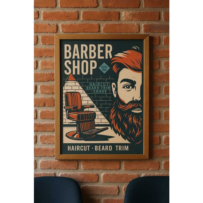 Poster décoratif - Barber Shop - Style rétro masculin - Impression haute définition - Cadre en bois inclus