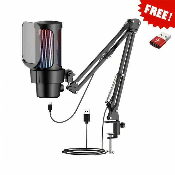 Microphone USB RGB avec Bras Articulé – Streaming & Gaming + Adaptateur USB OTG Gratuit