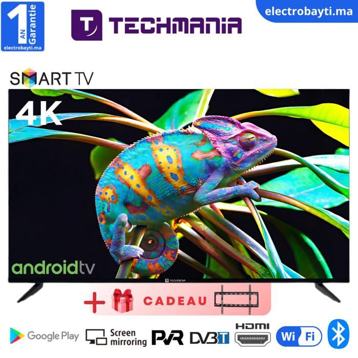 TECHMANIA - 50" Smart TV Android 4K UHD Récepteur intégré + Support Mural