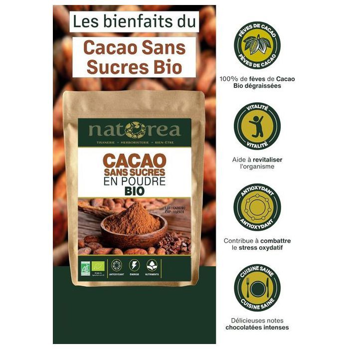 Natorea Cacao Sans Sucre en Poudre Bio 250G 100% de Fèves de Cacao Dégraissées Bio Goût chocolaté intense Qualité Supérieure